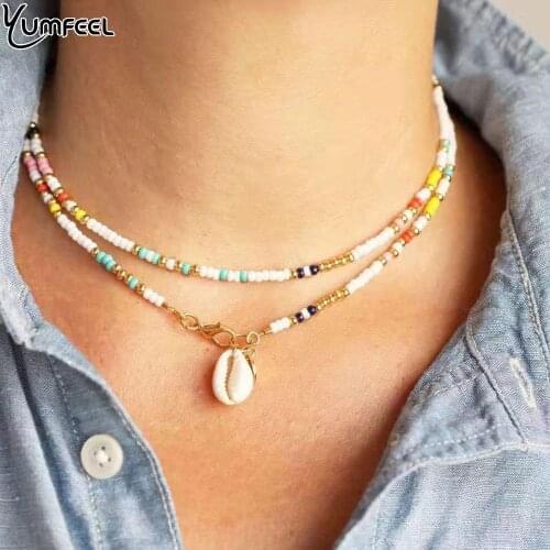Yumfeel New Bohemian Colorful Seed Beads Necklace Handmade Shell Necklace Jewelry Women Gifts