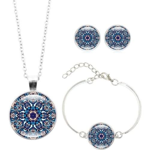Mandala Flower Jewelry Sets Pendant Necklace Bracelet Earrings Sets Glass Cabochon Religious Buddhism Jewelry