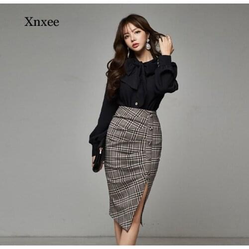 Autumn Bowknot Black Long Sleeve Blouse Shirt High Waisted Bodycon Pencil Plaid Midi Skirt Dress Two Piece Office Womens Suits