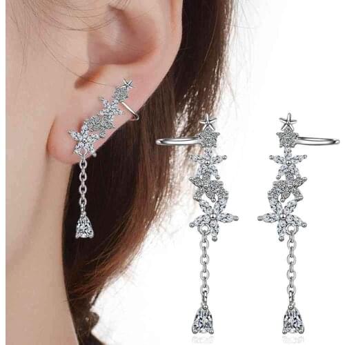 Korean Heart Pendant Crystal Left Right Double Sided Stud Earrings For Women Fashion 925 Sterling Silver Flower Ear Gifts