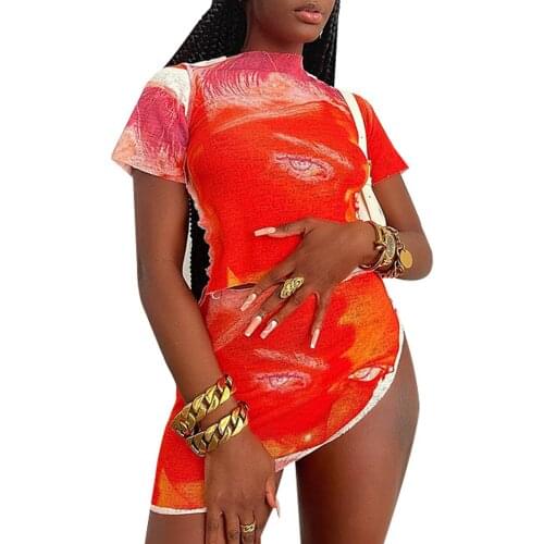 2Pcs Women Summer Outfit Tie-Dye Print Short Sleeves Crop Tops + Irregular Short Skirt for Girls, Red