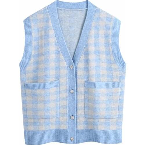 Evfer Women Fashion Jewellery Button Za Knitted Sprint Cardigans Vest Feamle Casual Sleeveless V-Neck Plaid Blue Sweaters Chic