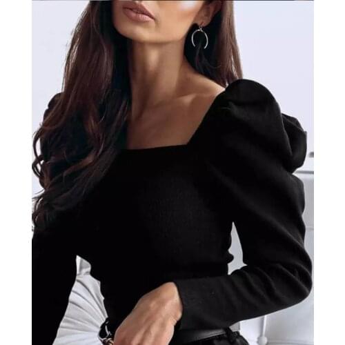 2020 Spring Women Casual Solid Knitwear Crochet Puff Long Sleeve Knitted Tops Sweater Female Slim Fit Pullover Jumper Mujer S-XL