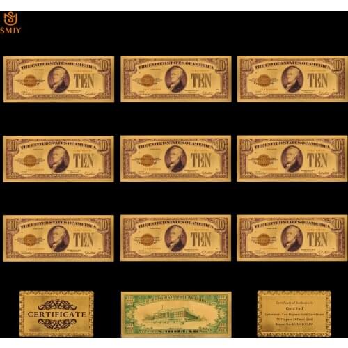 10PCS/Lot Colorful USA Leadership 10 Dollar Bills Banknote in 24k Gold Plated Paper Money Gift For Collection