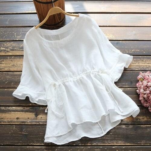 White Blouse Women 2021 Summer Solid Cotton Casual Shirts Tops Fashion Shirring Short Sleeve Blouses Femme Blusa Y942