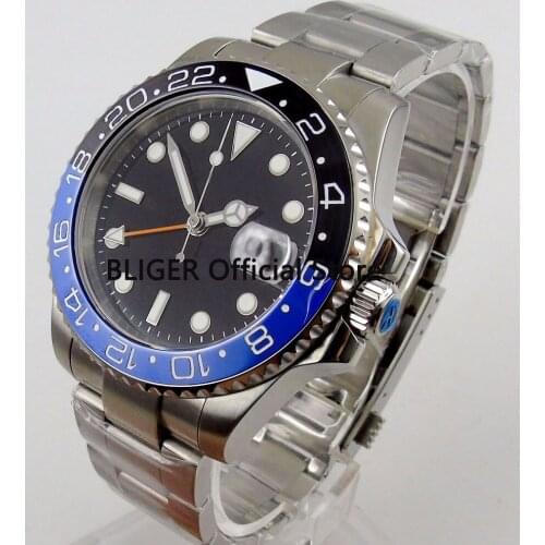 BLIGER 40mm Black Nologo Dial Watch Ceramic Bezel Luminous Marks Sapphire GMT Function Automatic Movement Mens Watch