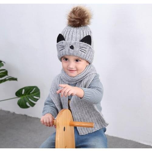 Kids Thickened Fleece Lining Cartoon Skullies Children Winter Warm Cute Cat Beanies Shawl Kit Baby Boys Girls Hat and Scarf Set