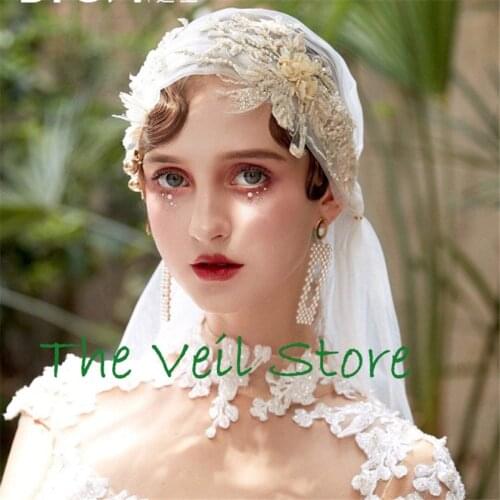 Long Vintage Juliet cap Bridal Vedding Veil Ivory Tulle Champagne Beaded Applique Veil for Brides Velo de Negra Voile de mariage