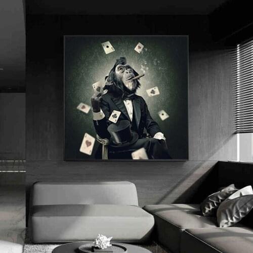 Smoking and Playing Cards Monkey Canvas Painting on The Wall Art Pictures for Living Room Animals Posters and Prints Home Decor