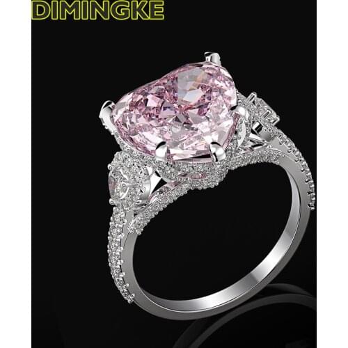 DIMINGKE 12*12MM Super Flash Heart-shaped Pink Diamond Diamond Ring 100%-S925 Sterling Silver Wedding Proposal High Jewelry
