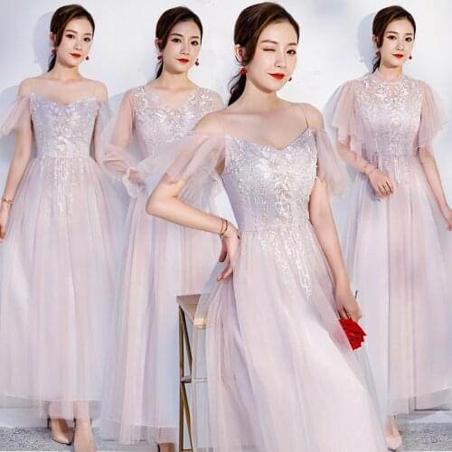 Summer Sweet Gauze Flowers Zipper A-Line Knee-Length Solid Color Pink Blue Gray Simple Bridesmaid Dresses