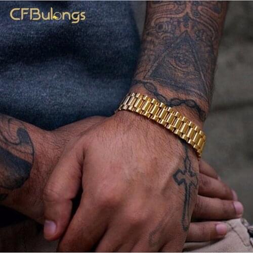 CFBulongs Fashion Men Stainless Steel Solid Gold Bracelet 15mm Waterproof And Rustproof ROLLIE Hip Hop Bracelet Punk Jewelry
