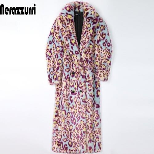 Nerazzurri Winter leopard long colorful faux fur trench coat for women 2020 Colorful warm furry coat Plus size fashion 5xl 6xl