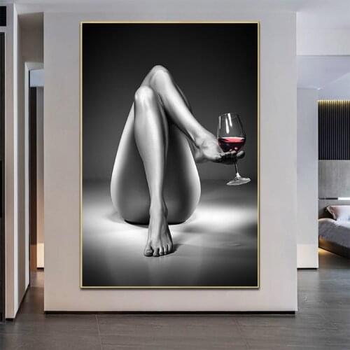 Nude Legs Red Wine Glass Canvas Painting Black White Sexy Body Poster Print Modern Wall Pictures for Living Room Home Decoration