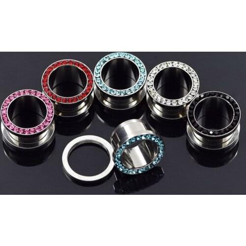 Stainless Steel Earring Stud Expander Earhole Expanding Plugs & Tunnels Inlay With Bling Gems 5 Colors 3mm-14mm 8-Sizes