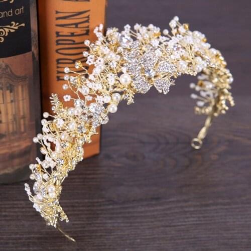 Luxury Gold/Silver Color Handmade Artificial Pearl Rhinestone Crown Flower Shaped Tiara Bride Headpeice Wedding Hair Jewelry VL