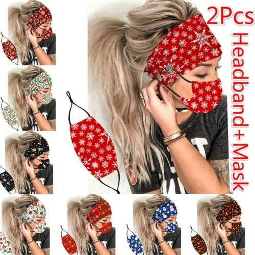 Christmas Print Face Mask For Face With Adult Headband With Button Two-Piece Suit Quick-Drying Keep Mask Halloween Cosplay