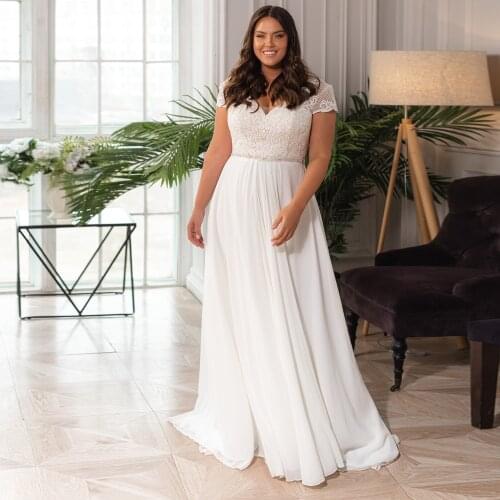 Vestidos Elegant Wedding Dresses Chiffon Appliques Pleat V-Neck Short Sleeve Lace Up Plus Size A-Line Bridal Gowns