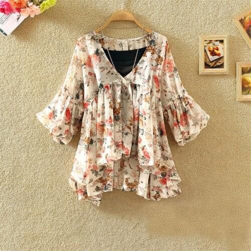 Women Floral Print Blouse Casual V-Neck Chiffon Blouses Lady Lantern Sleeve Ruffles Shirts irregular Blusas Tops Plus Size A1338