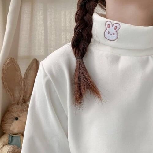 Woman Tshirts Autumn and Winter Cute Embroidered Turtleneck T-shirt Womens Soft Girl Long-Sleeved Top Ropa Mujer Camisetas