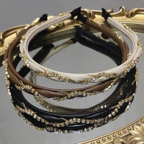 Women hairbands Leather texture retro rhinestone metal chain braided twist headbands