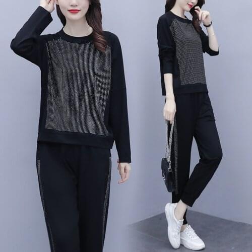 Plus size women two piece suit 2021 spring casual loose sports knitted hooded sweatshirt casual pants fashion two piece set big