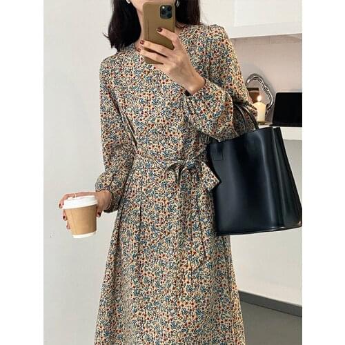 Gentle wind across the knee dress female 2021 autumn flower waist long Dress 5197