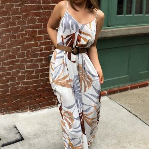 Womens Loose Waist Dress Casual Floral Beach Dresses Summer Elegant Leaf Print Strap V Neck Sleeveless Boho Maxi Dress