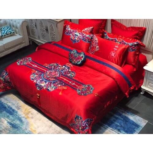 Chinese classical style high-end Embroidery Wedding bedding festive red modern 4/6pcs pure cotton high density bedding