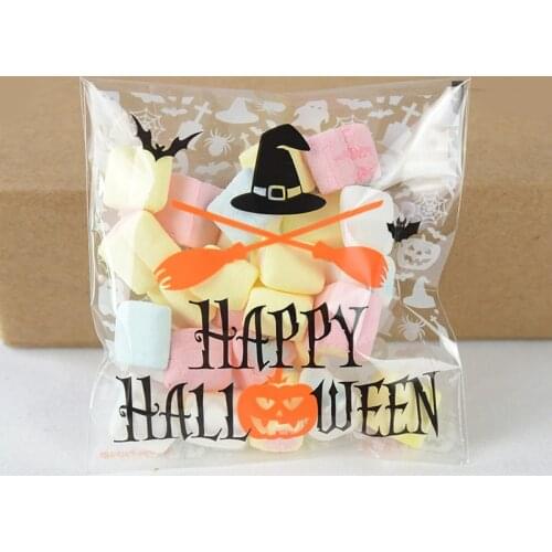 50pcs 10*10cm Happy Halloween Gift Bags Cookie Candy Bag Plastic Packaging Bags for Biscuits Snack Halloween Party Decor Supplie