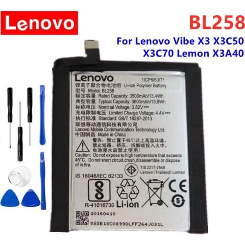 Original Real 3600mAh BL258 Battery For Lenovo Vibe X3 / Lemon X3 X3C50 X3C70 X3A40 Rechargeable Phone Batteries Bateria + Tools