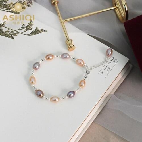 ASHIQI Natural Freshwater Pearl Bracelet Mixed Color 100% 925 Sterling Silver Charm Bracelet For Women Fashion Jewelry