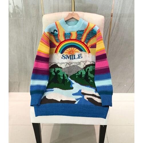 Brand Fashion Women High Luxury Winter Vintage Cute Sweet Rainbow Embroidery Loose Midi Wool Sweater