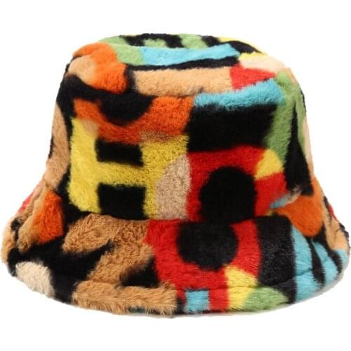 Colorful Printing Autumn Winter Panama Warm Bucket Hat Women Faux Rabbit Fur Fishing Cap Female Flat Top Basin Hats Bonnet Lady