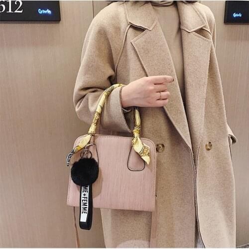 European and American Ladies Handbags Silk Scarf Hair Ball Shoulder Bag PU Fashion Vertical Square Bag Exquisite Chain Design