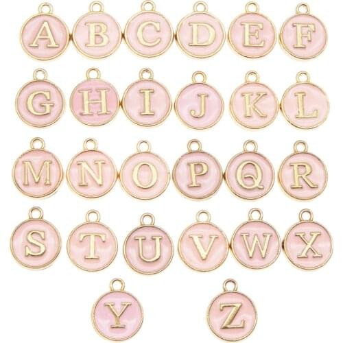 Julie Wang 26PCS A-Z Alphabet Enamel Charms Alloy Pink English Letter Pendant for Earrings Bracelet Jewelry DIY Accessory