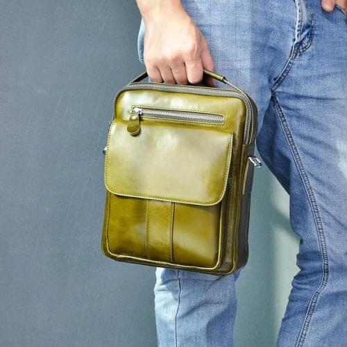 Quality Original Leather Male Casual Shoulder Messenger bag Green Fashion Cross-body Bag 10" Pad Tote Mochila Satchel bag 5008-g