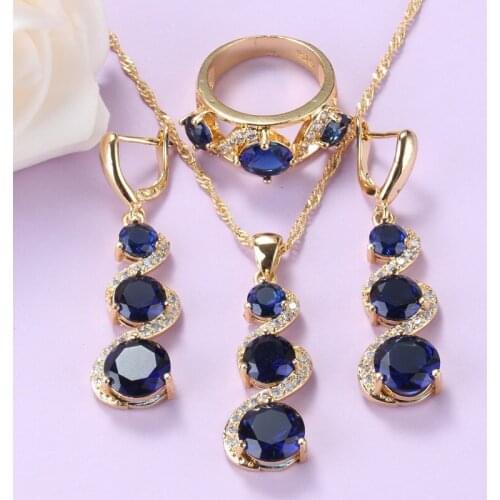 Blue Cubic Zirconia Jewelry Sets For Women African Gold-Color Costume Necklace And Earrings Ring Sets