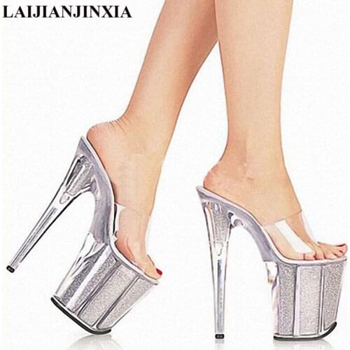 LAIJIANJINXIA Summer Sexy Women Crystal Slippers New Fashion 8 Inch High Heels Sandals Platforms Glitter Shoes Size 35-46