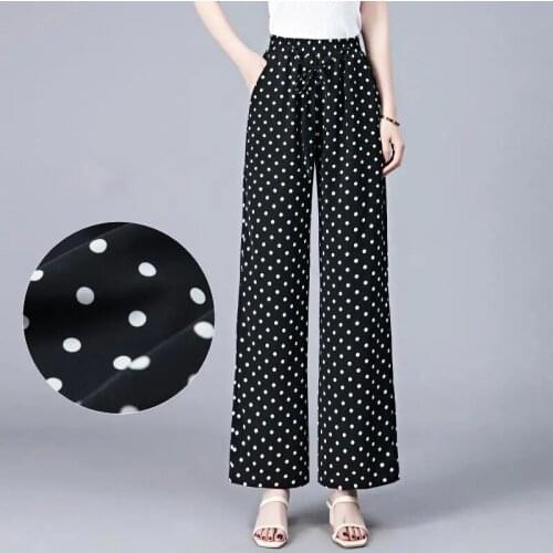 Summer Chiffon Women Wide Leg Pants Lace Up Elastic Waist Lady Loose Straight Trousers Comfortable Print Mom Thin Boho Pants