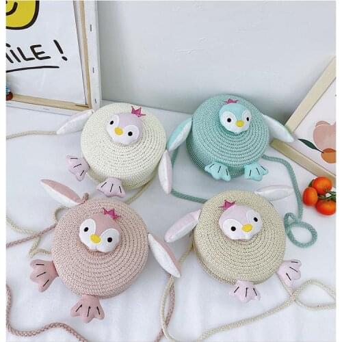 Cute Little Girls Beach Straw Braid Shoulder Bag, Toddlers Summer Creative Cartoon Penguin Decoration Princess Messenger Bag