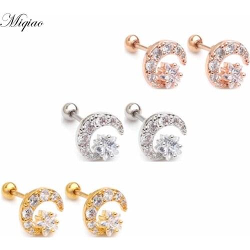 Miqiao 2pcs New Product All-match Zircon Star Moon Straight Rod Threaded Ball Earring Piercing Jewelry