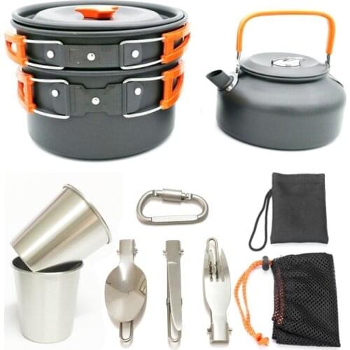 9pcs Outdoor Camping Cookware Cooking Hiking Picnic Travel Tableware Cutlery Utensils Set With Pot Pan Tea Pot Spoon Fork Knife