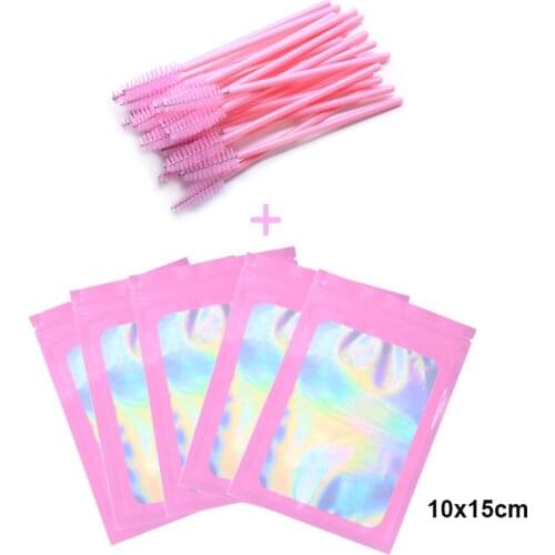 Wholesale Pink Holigraphic Eyelash Packaging Bag and Mascara Wands Cosmetic Gift Packing Baggies Spoolie Bundle