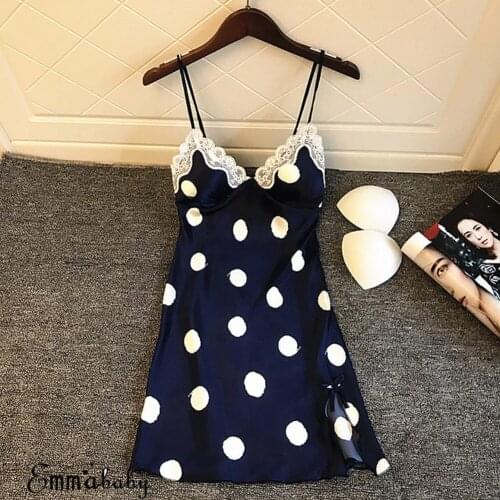 New Fashion Soft Elegant Sexy Womens Satin Silk Sleepwear Pajamas Nightdress Lingerie Polka Dot Summer Sleepwear