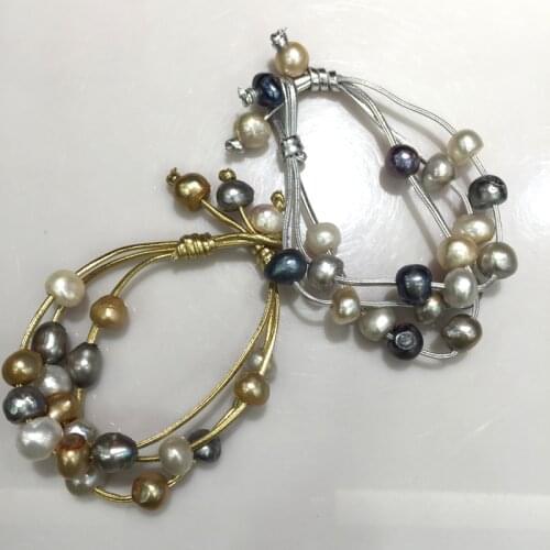 Casual sporty Baroque Natural Fresh water Pearl bracelet grey gold color fashion women jewelry 10MM some hole or spots