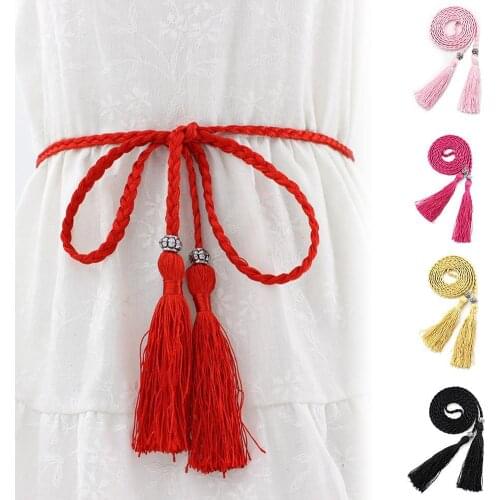Bohemia Style Braided Tassel Belt for Women Woven Knot Decoration Waist Rope Belt Waistband Thin Waist Rope Strap corset femme