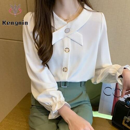 White Color Shirts For Women 2021 Spring Autumn Chiffon Female Shirt Long Sleeve Bow Office Lady Tops Vintage Clothes KN35