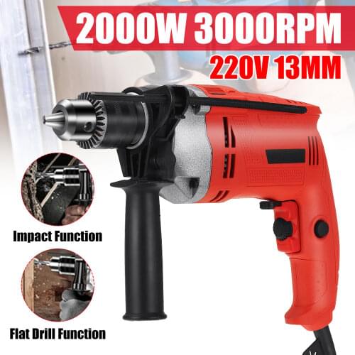 Drillpro 2000W 3000RPM 220V Electric Handheld Impact Drill Flat Drill Guns Hand Drills Torque Driver with Wrench Measuring Scale