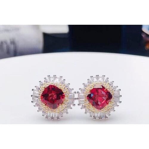 Natural real red garnet square luxury stud earring 6*6mm 1.2ct*2pcs gem 925 sterling silver Fine jewelry For men or women X21886
